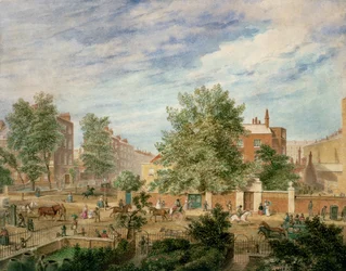 Camino de Marylebone en la intersección con Lisson Grove mostrando la Escuela Filológica en verano, 1849